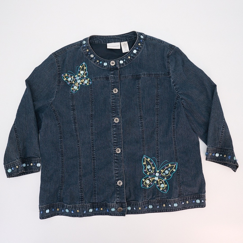Alfred Dunner Dark Blue Denim Jacket Butterfly Embroidered Embellished Collarles